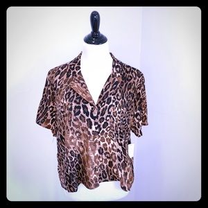 CR Short Sleeve Button Up Leopard Top